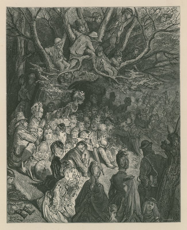 Tilskuere ser et bådkapløb fra en flodbred af Gustave Dore