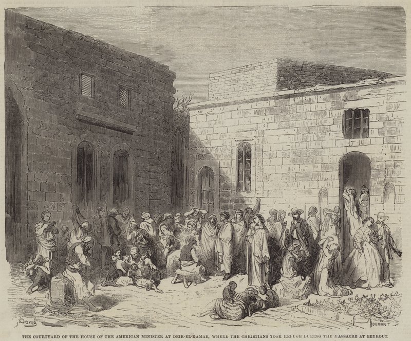 Gården til den amerikanske ministers hus i Deir-el-Kamar, hvor de kristne tog ? af Gustave Dore