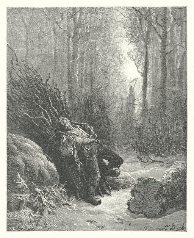 La Fontaines fabler: Døden og skovhuggeren (kobberstik) af Gustave Dore