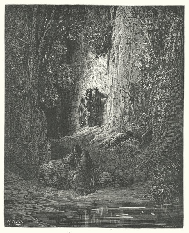 La Fontaines fabler: Voldgiftsmanden, Almoneren og Eremitten (kobberstik) af Gustave Dore