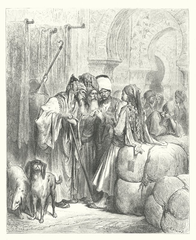La Fontaines fabler: Bashaw og købmanden (kobberstik) af Gustave Dore