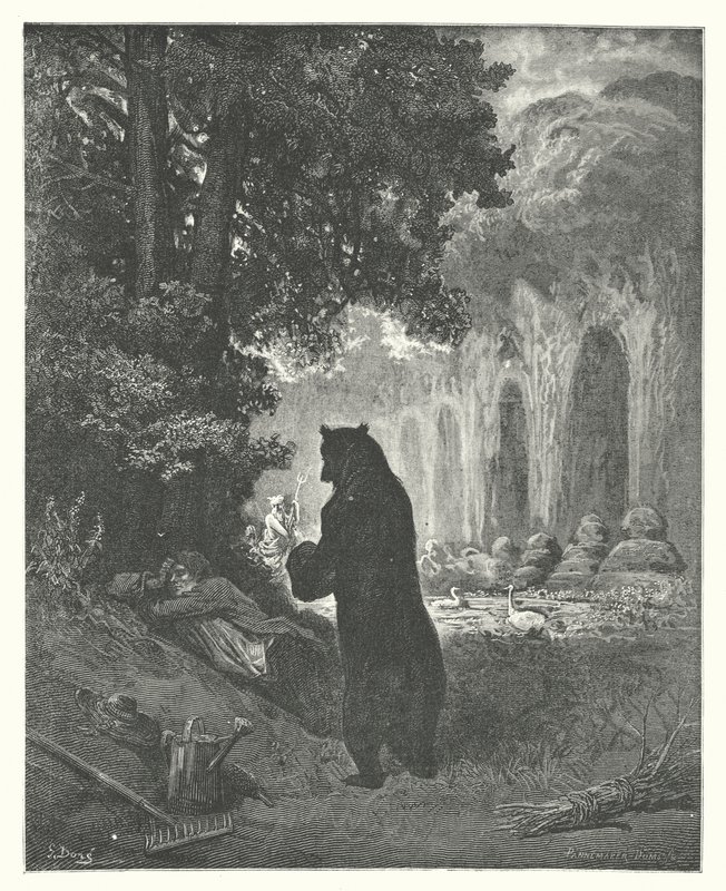 La Fontaines fabler: Bjørnen og amatøren i havearbejde (kobberstik) af Gustave Dore