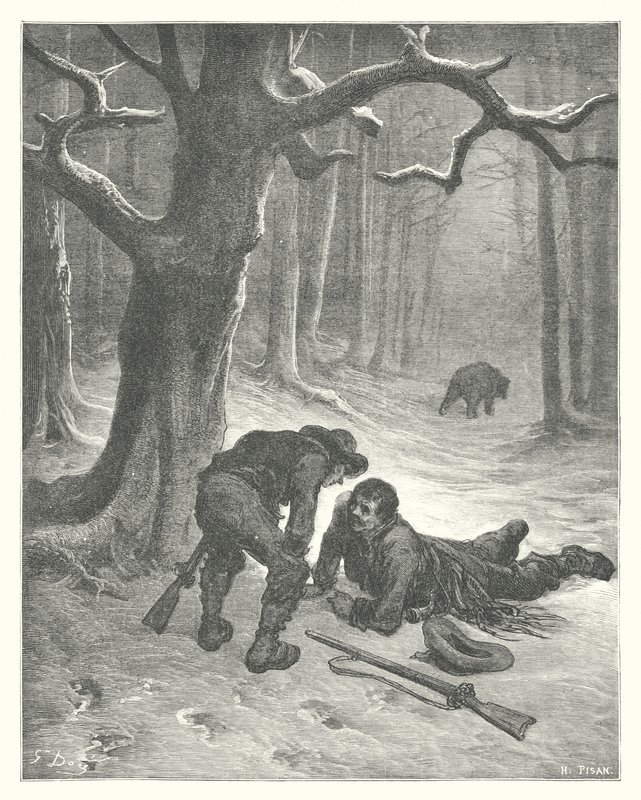 La Fontaines fabler: Bjørnen og de to venner (kobberstik) af Gustave Dore