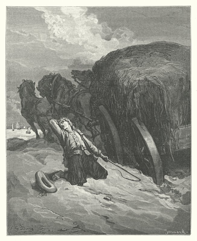 La Fontaines fabler: Vognen, der sidder fast i mudderet (kobberstik) af Gustave Dore