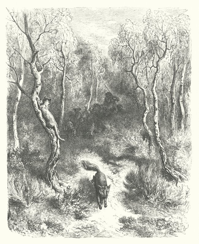 La Fontaines fabler: Katten og ræven (kobberstik) af Gustave Dore