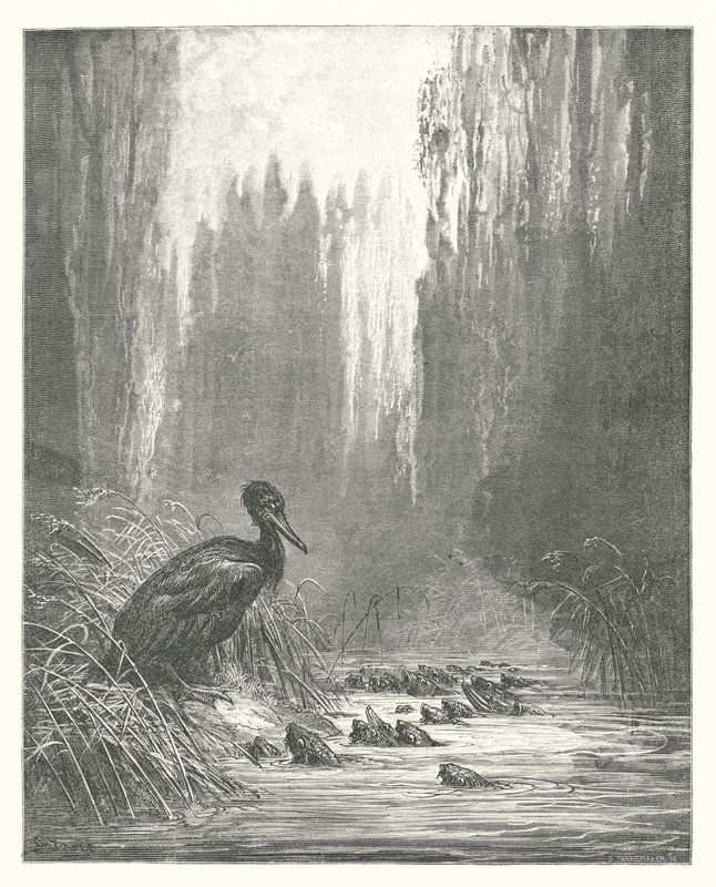 La Fontaines fabler: Skarven og fiskene (kobberstik) af Gustave Dore