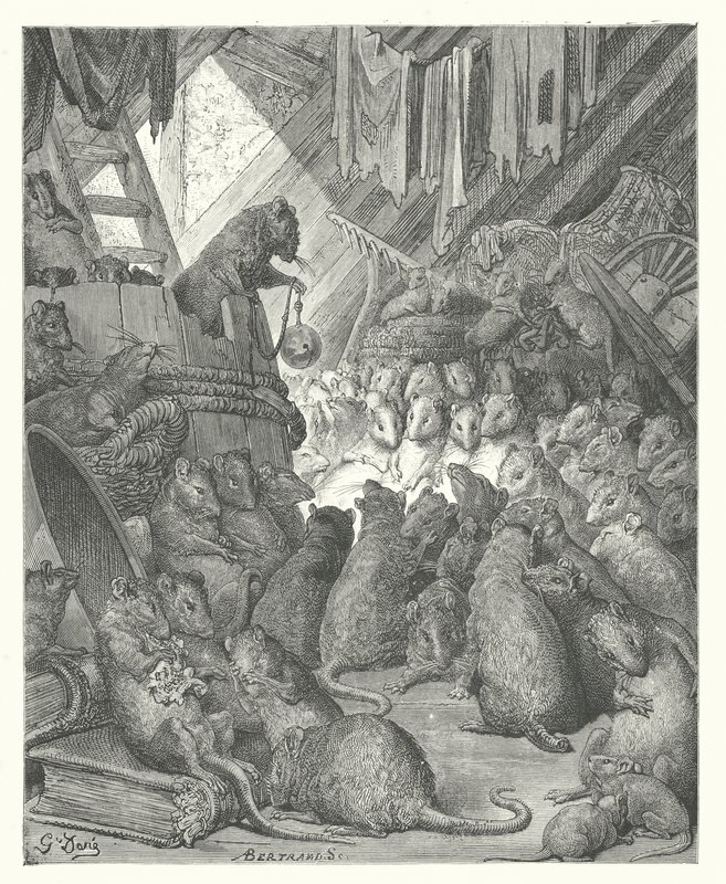 La Fontaines fabler: Rådet afholdt af rotterne (kobberstik) af Gustave Dore