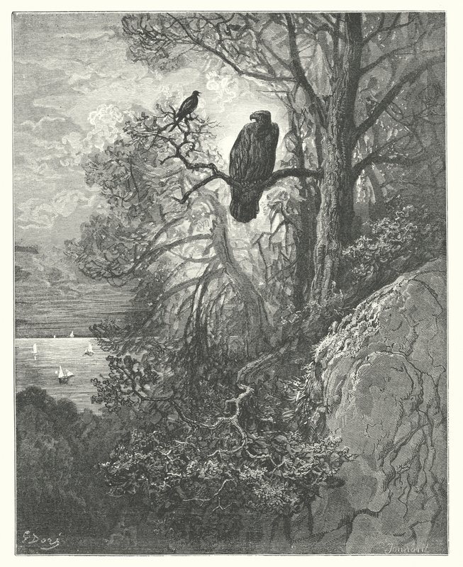 La Fontaines fabler: Ørnen og Skaden (kobberstik) af Gustave Dore