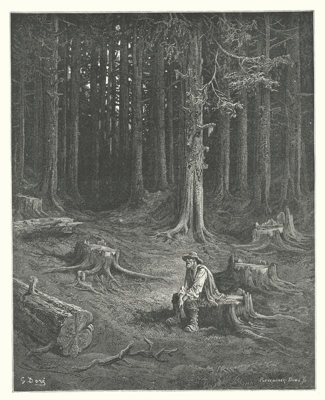 La Fontaines fabler: Skoven og træmanden (kobberstik) af Gustave Dore
