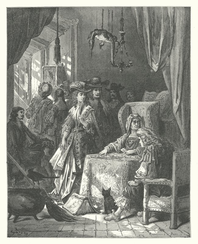 La Fontaines fabler: Spåkonen (kobberstik) af Gustave Dore