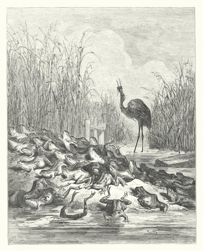 La Fontaines fabler: Frøerne, der bad om en konge (kobberstik) af Gustave Dore