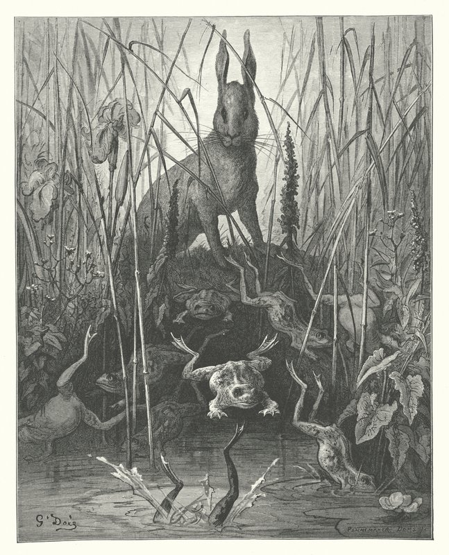 La Fontaines fabler: Haren og frøerne (kobberstik) af Gustave Dore