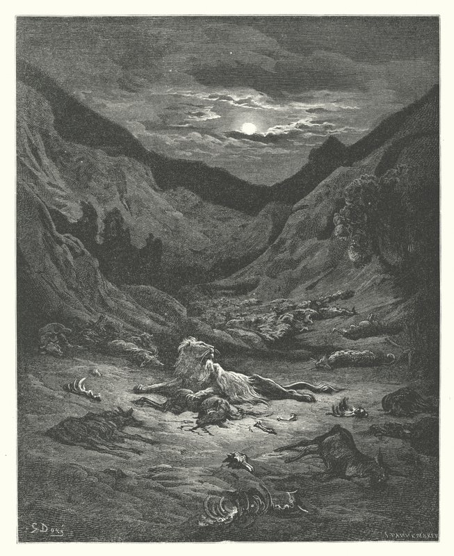 La Fontaines fabler: Løven (kobberstik) af Gustave Dore