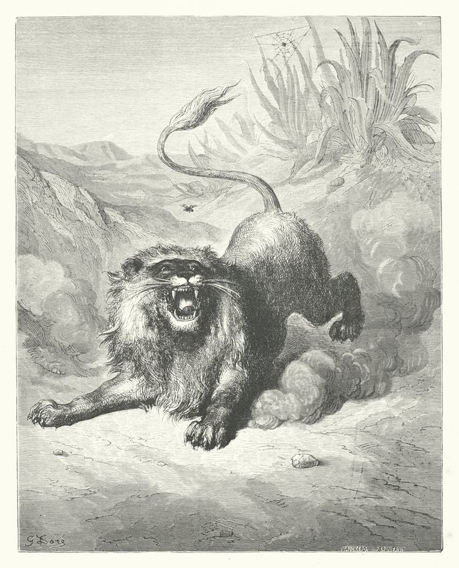 La Fontaines fabler: Løven og myggen (kobberstik) af Gustave Dore