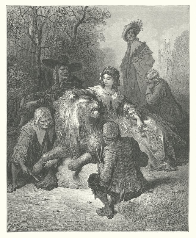 La Fontaines fabler: Den forelskede løve (kobberstik) af Gustave Dore