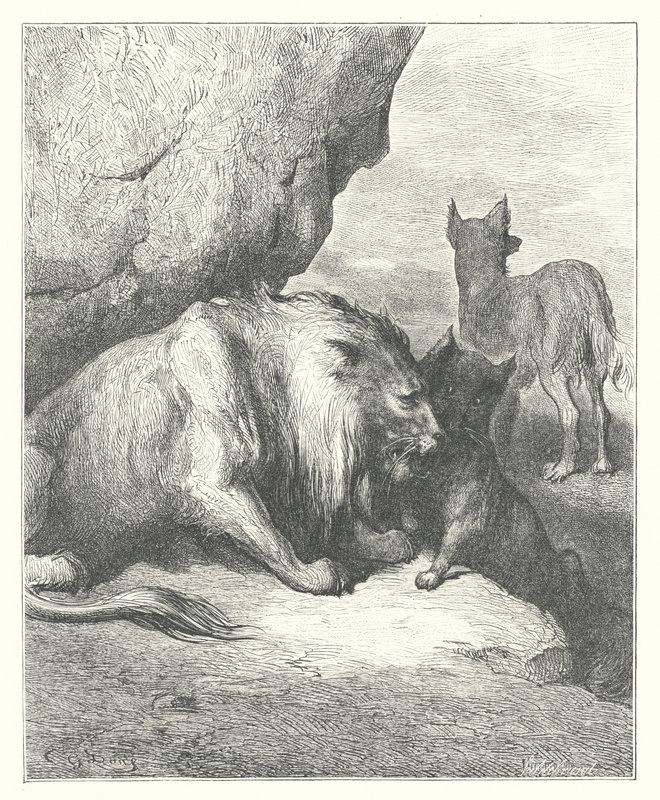 La Fontaines fabler: Løven, ulven og ræven (kobberstik) af Gustave Dore