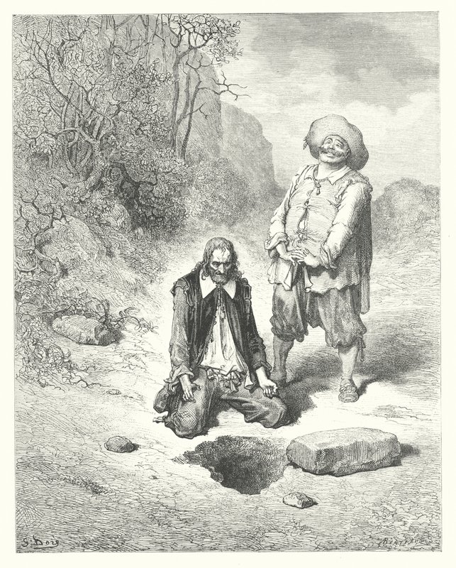 La Fontaines fabler: Den elendige, der mistede sin skat (kobberstik) af Gustave Dore