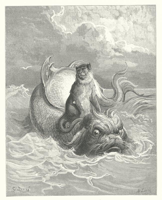 La Fontaines fabler: Aben og delfinen (kobberstik) af Gustave Dore
