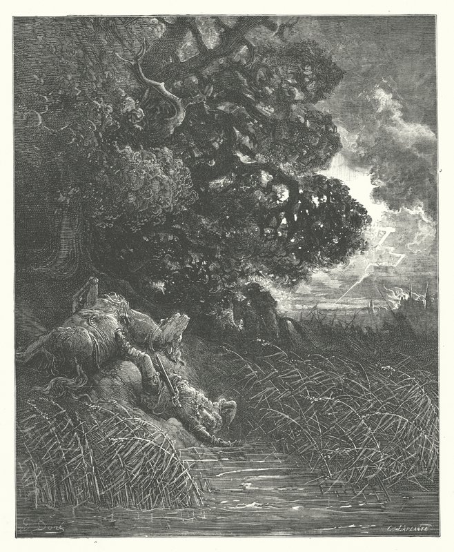 La Fontaines fabler: Egetræet og rørhatten (kobberstik) af Gustave Dore