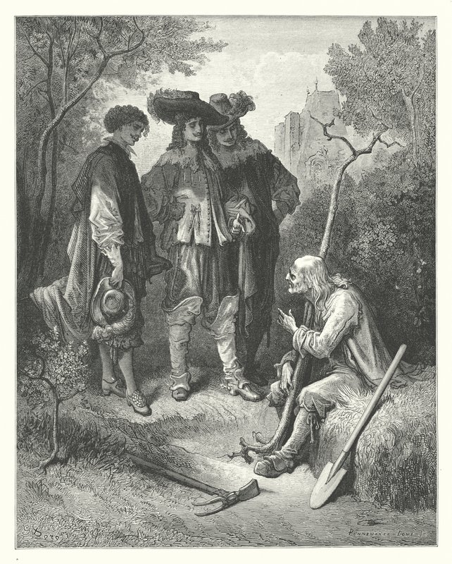 La Fontaines fabler: Den gamle mand og de tre unge mænd (kobberstik) af Gustave Dore