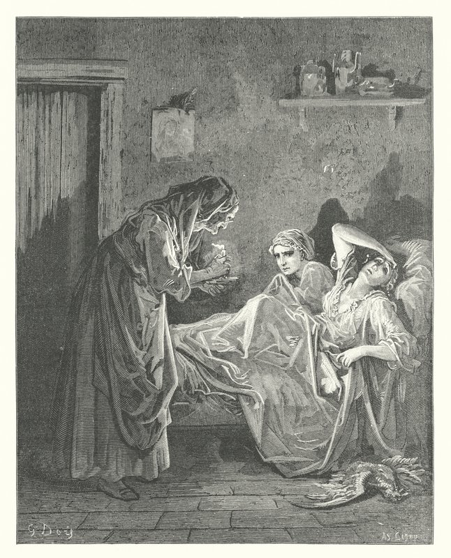 La Fontaines fabler: Den gamle kvinde og hendes tjenere (kobberstik) af Gustave Dore