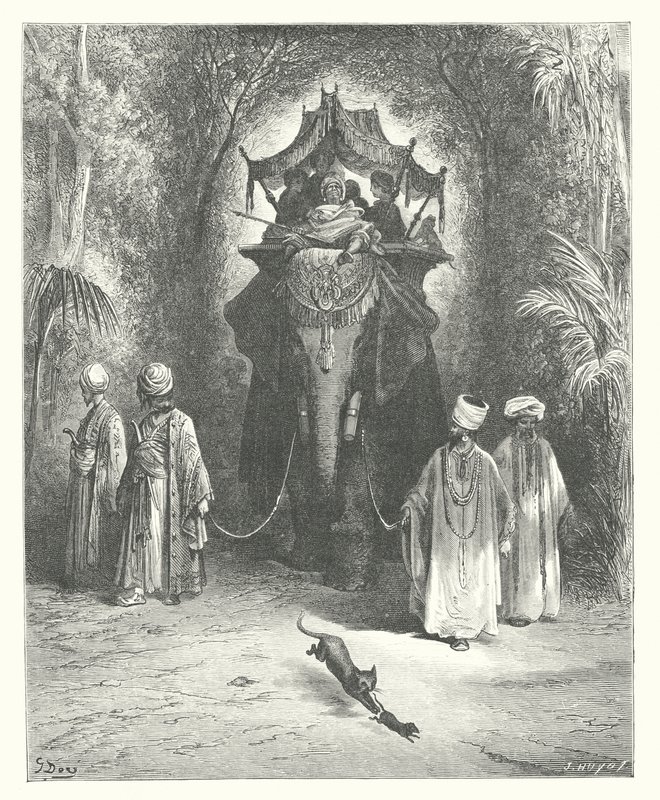 La Fontaines fabler: Rotten og elefanten (kobberstik) af Gustave Dore