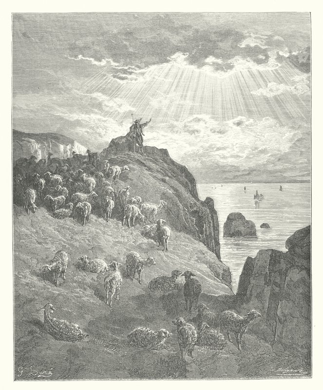 La Fontaines fabler: Hyrden og havet (kobberstik) af Gustave Dore