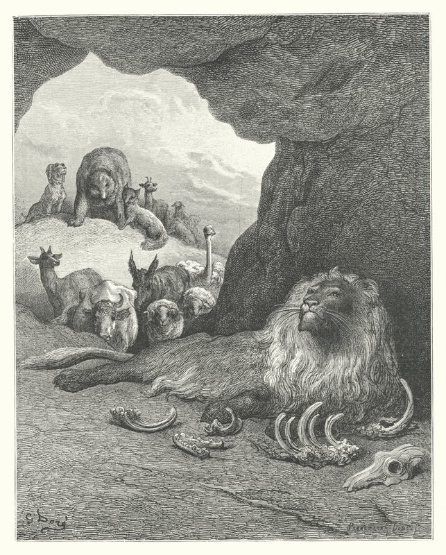 La Fontaines fabler: Den syge løve og ræven (kobberstik) af Gustave Dore
