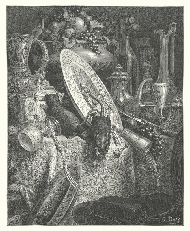 La Fontaines fabler: Byrotten og landrotten (kobberstik) af Gustave Dore