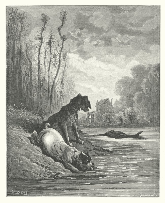 La Fontaines fabler: De to hunde og det døde æsel (kobberstik) af Gustave Dore