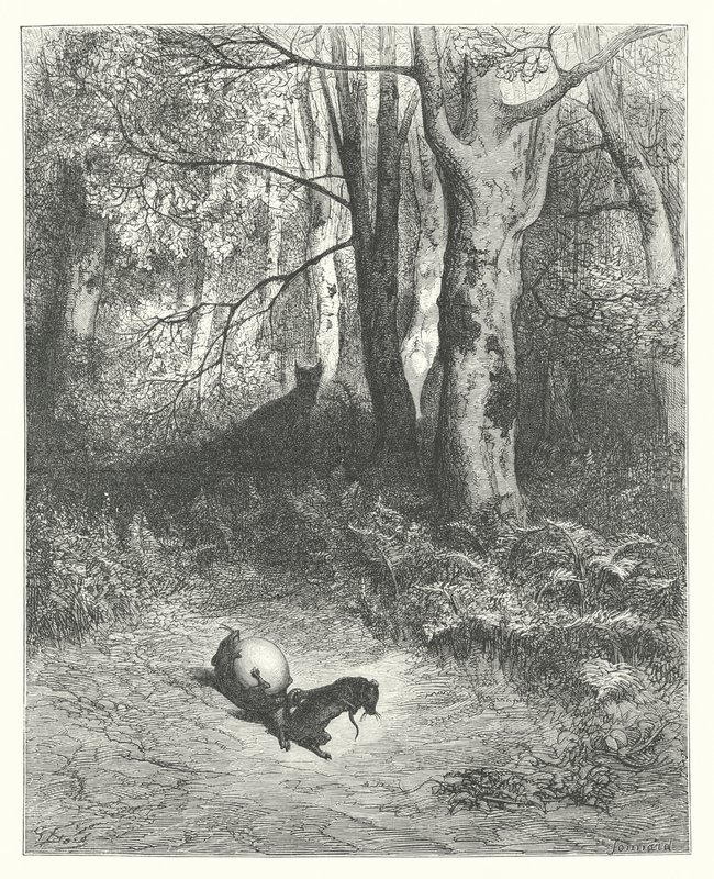 La Fontaines fabler: De to rotter, ræven og ægget (kobberstik) af Gustave Dore