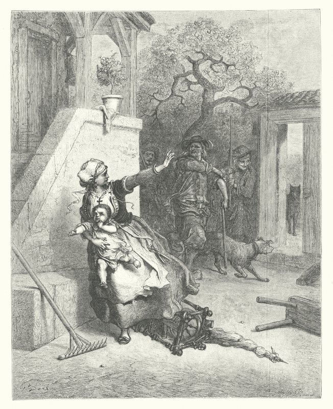 La Fontaines fabler: Ulven, moderen og barnet (kobberstik) af Gustave Dore