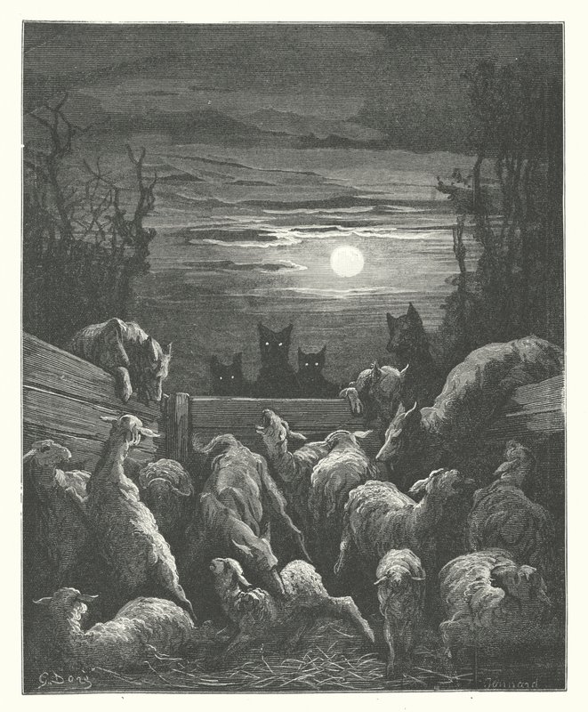 La Fontaines fabler: Ulvene og fårene (kobberstik) af Gustave Dore