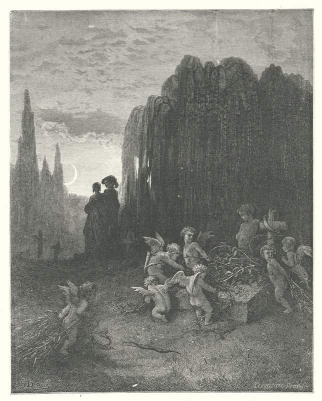 La Fontaines fabler: Den unge enke (kobberstik) af Gustave Dore