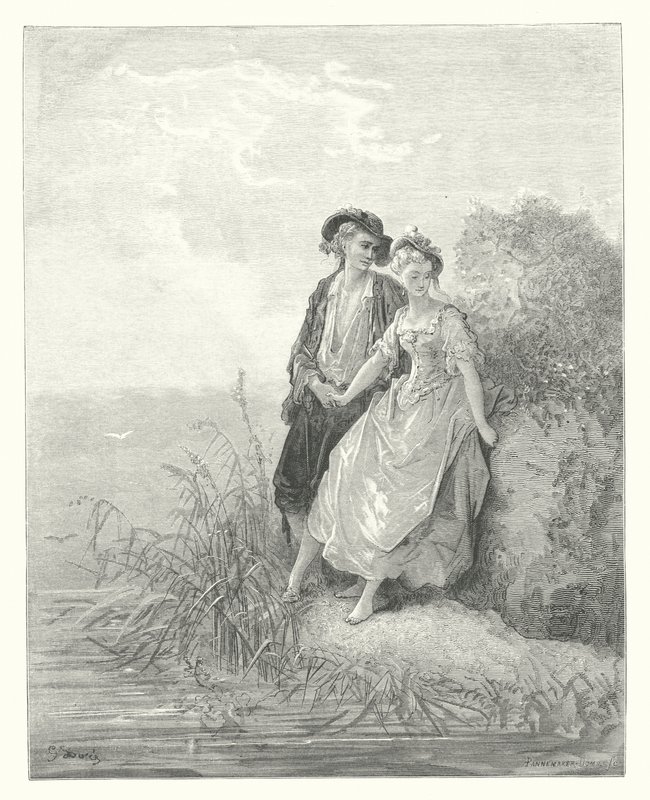 La Fontaines fabler: Tircis og Amaranth (kobberstik) af Gustave Dore