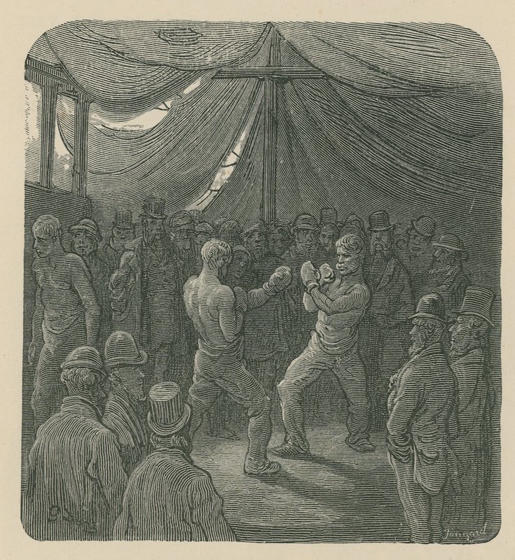 To mænd bokser, mens en menneskemængde ser på af Gustave Dore