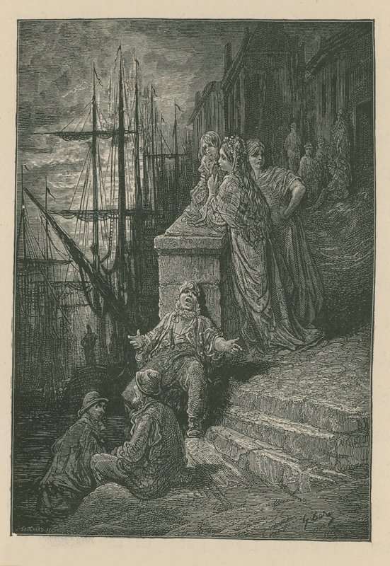 Watermans familie på en trappe ved Themsen af Gustave Dore