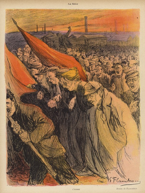 Industriel strejke: The Exodus, ca. 1902 (farve litho) af Gustave Flasschoen