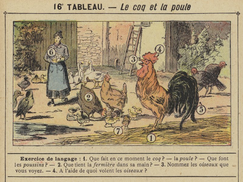 Hanen og hønen (farve litho) af Gustave Fraipont