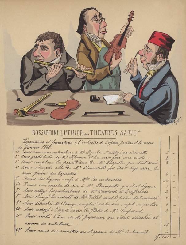 Regning for musikinstrumenter til operaens orkester (farve litho) af Gustave Frison