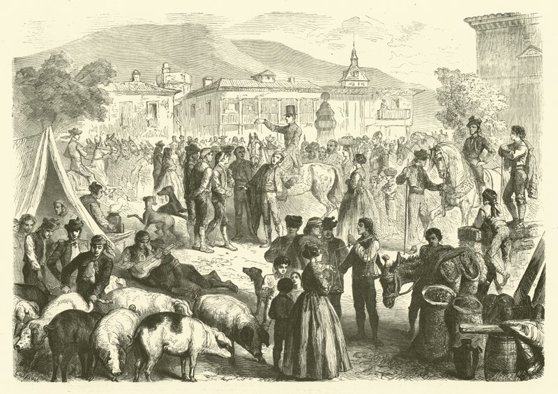 Årlig messe i byen Alcala, Spanien (gravering) af Gustave Janet