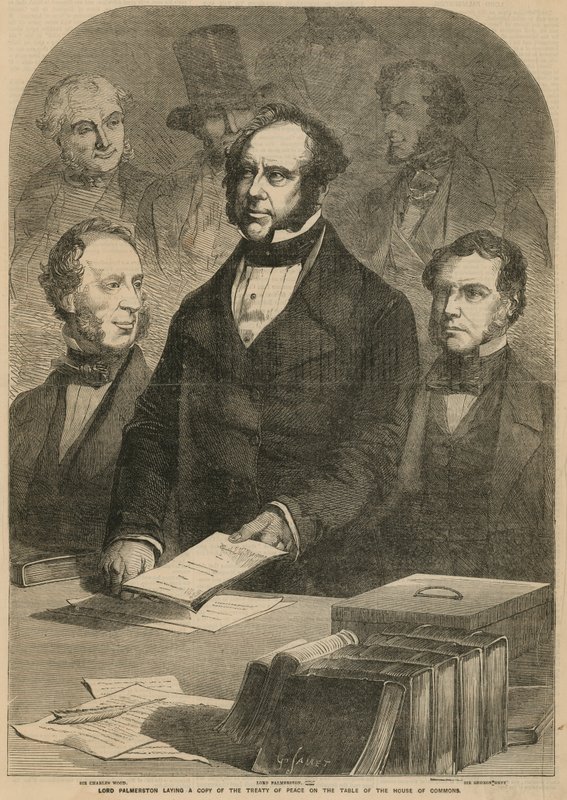 Lord Palmerston lægger en kopi af fredstraktaten på underhusets bord af Gustave Janet