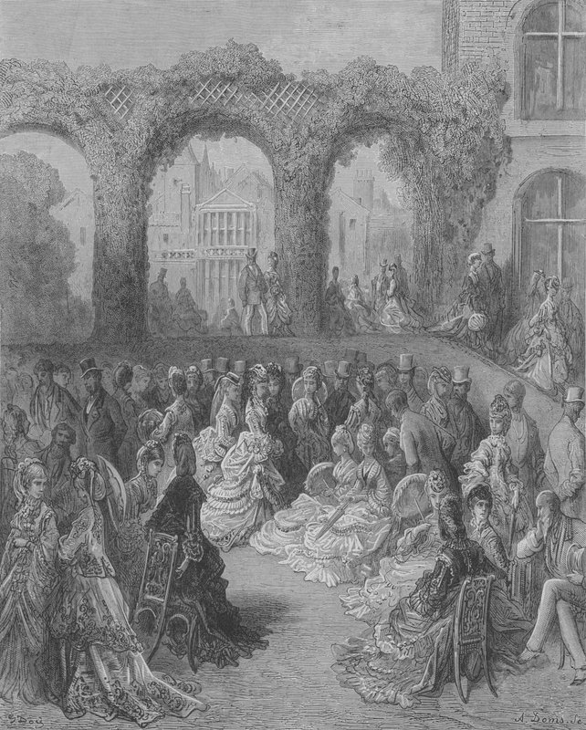 En morgen i en aristokratisk have, Holland-House af Gustave after Dore