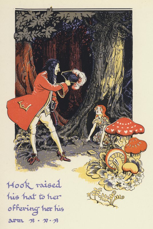 Peter Pan og Wendy: Hook løftede sin hat mod hende og tilbød hende sin arm (farve litho) af Gwynedd M. Hudson