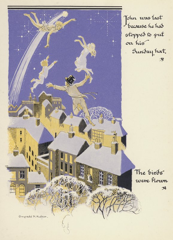 Peter Pan og Wendy: John var sidst, fordi han var stoppet for at tage sin søndagshat på, Fuglene blev fløjet (farve litho) af Gwynedd M. Hudson