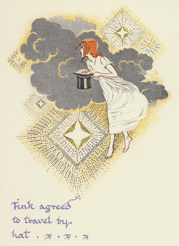 Peter Pan og Wendy: Tink gik med til at rejse med hat (farve litho) af Gwynedd M. Hudson