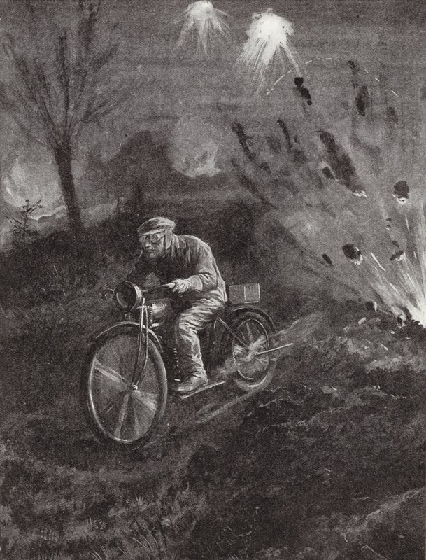 Underkorporal C C Parrott bærer budskaber på sin motorcykel langs veje, der er fejet af granatild, Første Verdenskrig af H. Ripperger