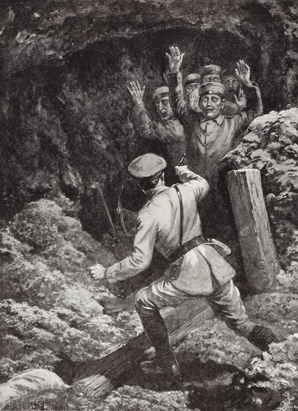 Løjtnant Morland tager atten tyskere til fanger i en mine i Givenchy, Frankrig, maj 1915 af H. Ripperger