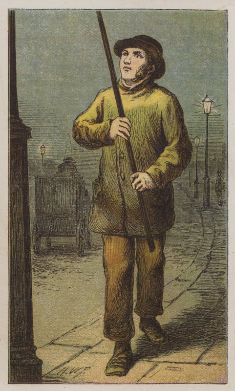 Lamplighter (farve litho) af H.W. (after) Petherick