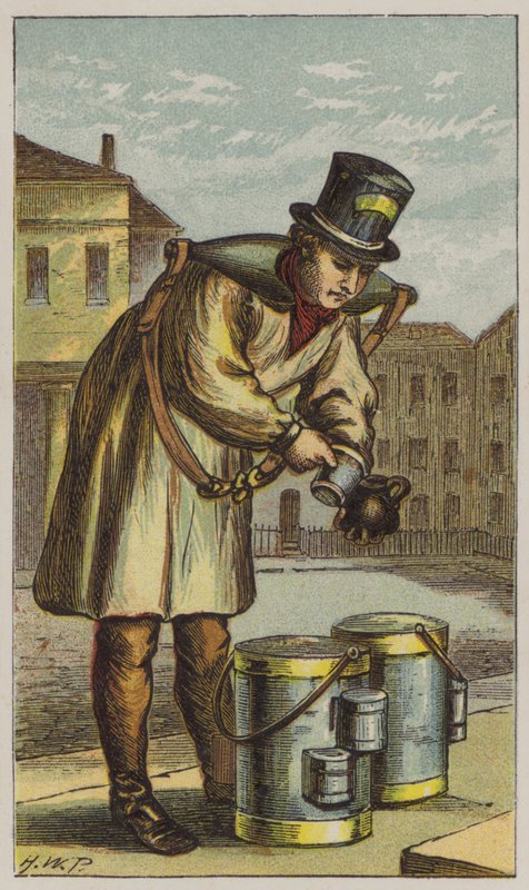 Milkman (farve litho) af H.W. (after) Petherick